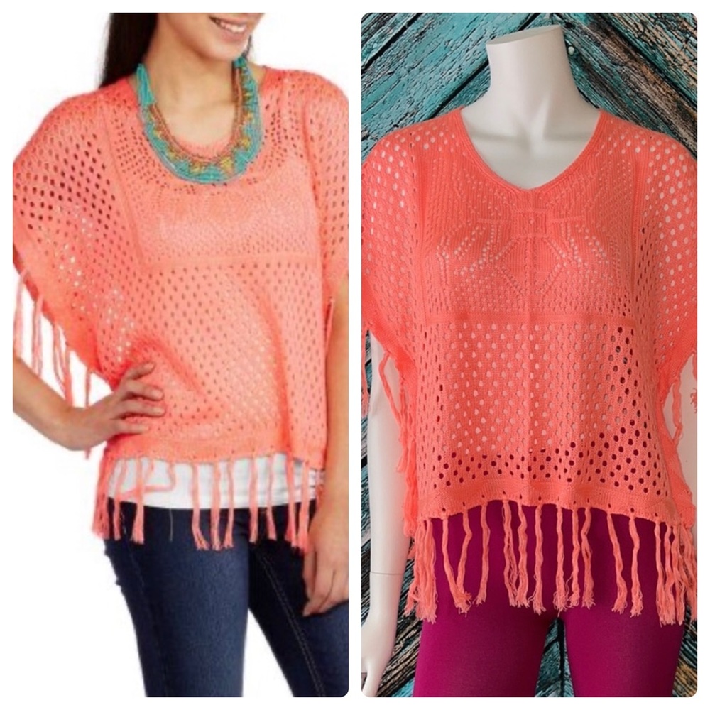 NWOT Coral Orange Pullover Crochet Poncho with Fringe